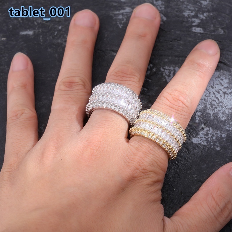 Wholesale Double Row Square Cubic Zircon Lab Diamond Rhodium Plated Round CZ Rings Luxury Hip Hop Jewelry for Men Women