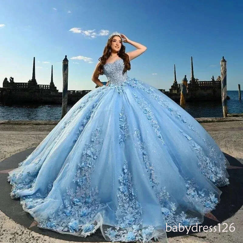 Sky Blue 3D Flower Quinceanera Dresses 2026 Strapless Bow Lace Corset Ball Birthday Princess Gowns Vestidos De 15 Anos Plus Size
