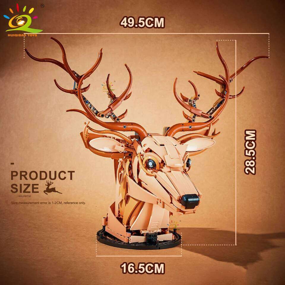 HUIQIBAO MOC Creative Wolf Deer Eagle Head Model Building Blocks Animal Pendant Wall Hanging Sculpture Home Decor Toy Z260306