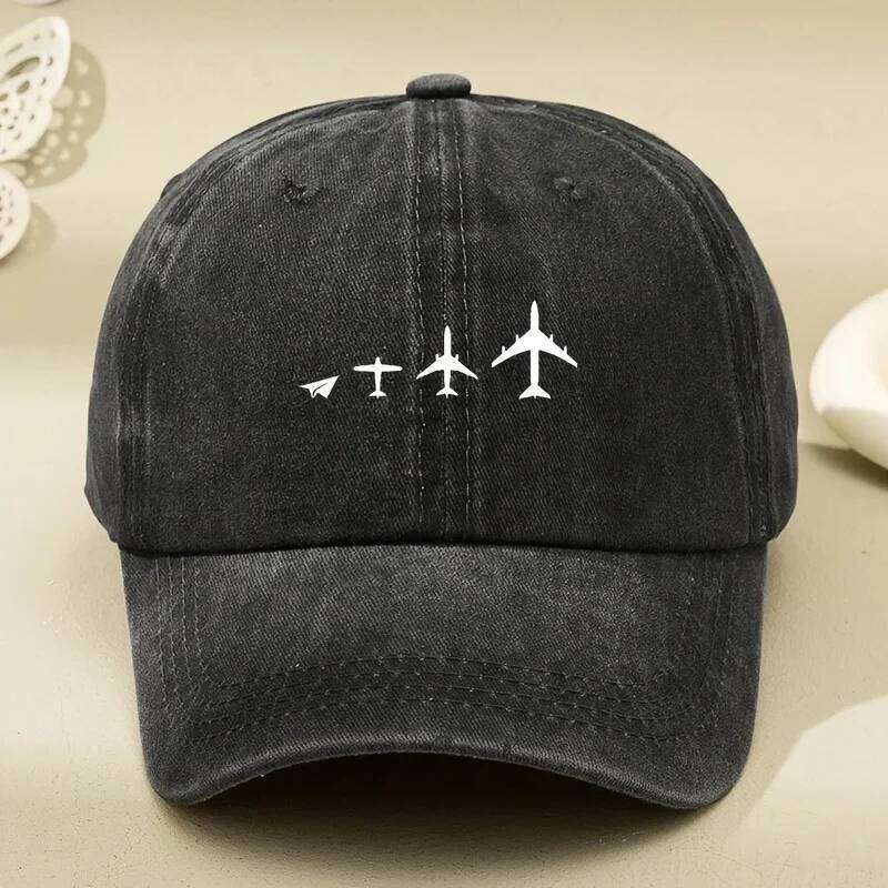 Retro airplane print washed baseball cap adjustable for both men and women, breathable black casual outdoor activity sun hat Y260304