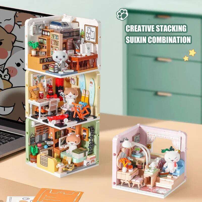 City Street View Creative Kitten House Building Blocks DIY Puzzle Desktop Ornament Cute Toys Bricks Children Birthday Gift Z260305