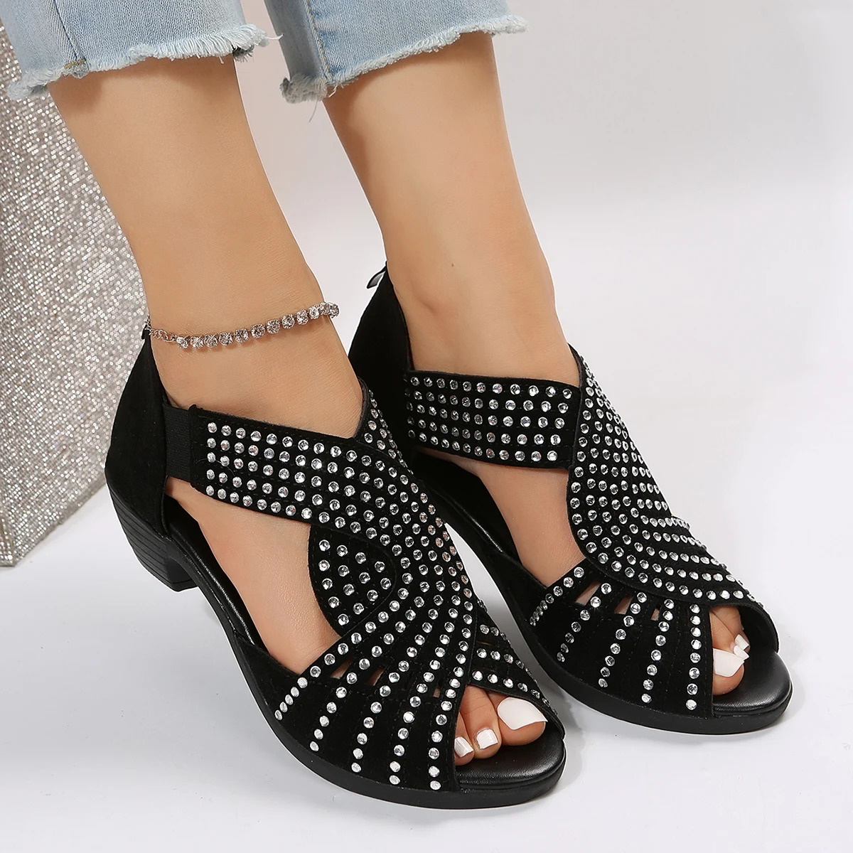 fashion comfortable dance sandals womens rhinestone zipper crystal indoor shoes womens open-toe shoes 260305