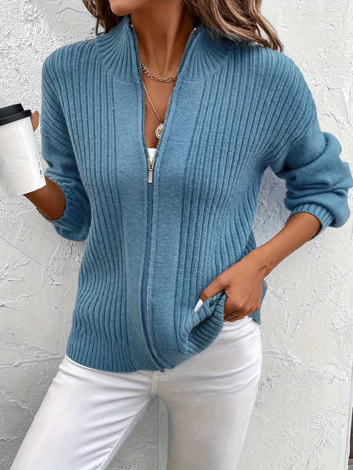 Womens casual versatile stand-up collar solid color cardigan sweater coat M260306