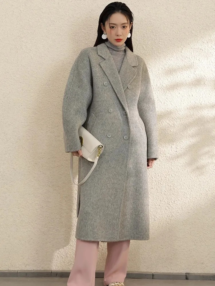 High Grade Gray DoubleSided Cashmere Coat For Women In Autumn And Winter With Hand Sewn Lapel Double Breasted Long 260228