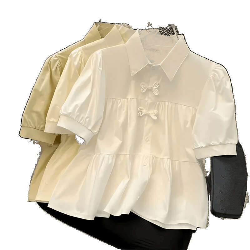 New Chinese style short sleeved shirt for women's summer fluffy sleeve shirt, loose top for women's casual loose neck shirt, suitable for co