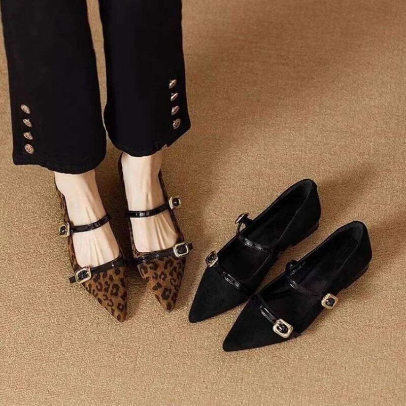 Autumn New French Style Pointed-Toe Leopard Print Mary Jane Shoes-Black Elegant Fashion Shoes with Single Strap for Women