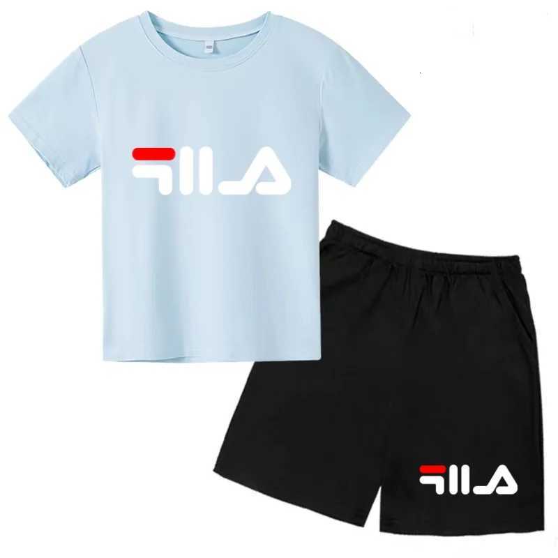 Kids Casual Set 2Pcs, Brand Print T-Shirt & Shorts Set, Boys & Girls Cool Summer Sports Outfits for 3-12YT260306