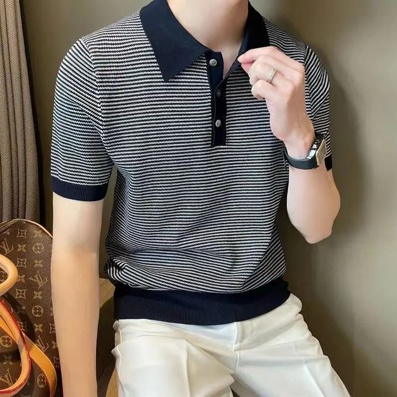 Summer Fashion Smart Casual Trendy Ice Silk Knit Polo Shirt Mens Panelled Stripe Lapel Button Versatile Short Sleeved Top 260304