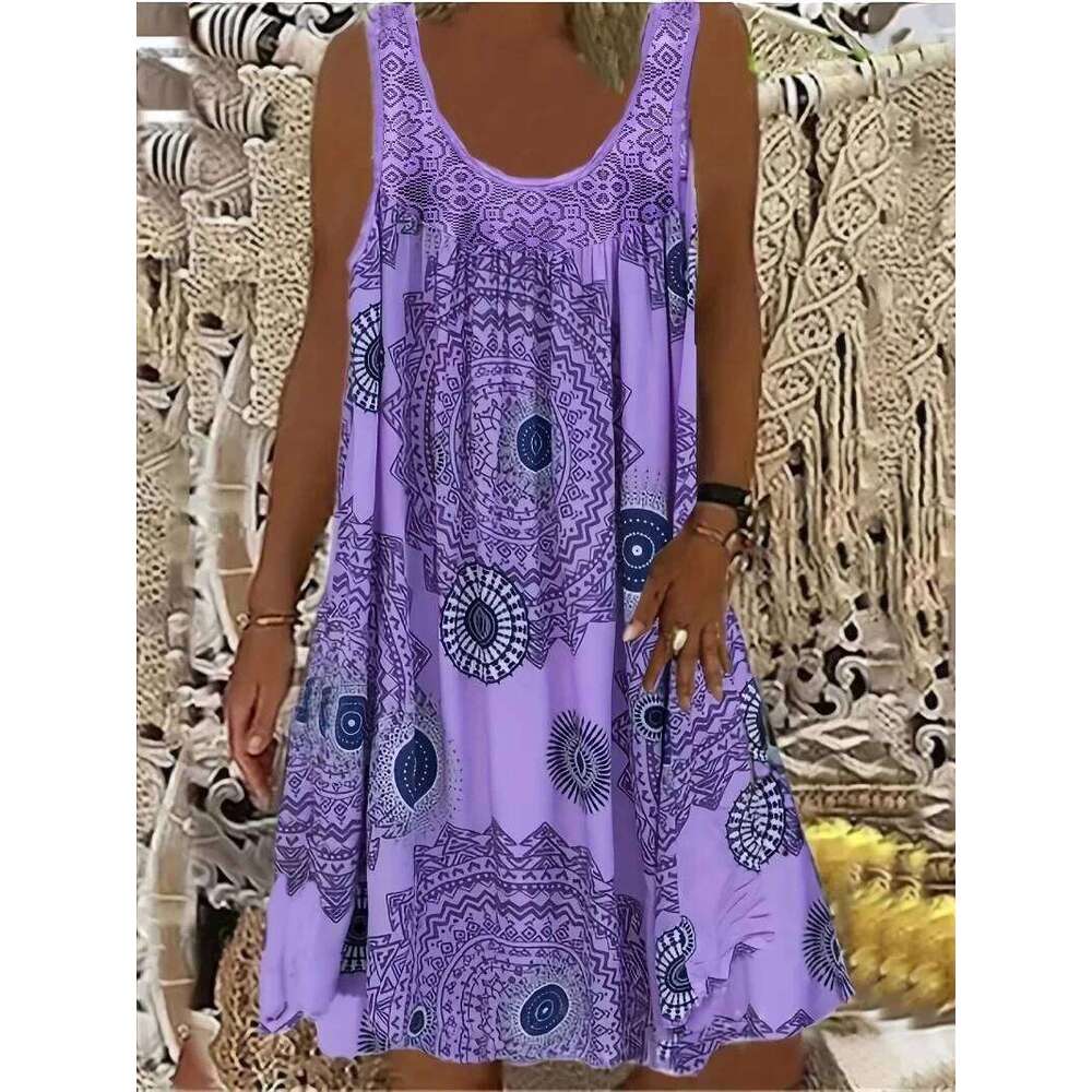 Plus Size 1XL-8XL Women's Lace Panel Printing Sleeveless Large Hem Vest Dress