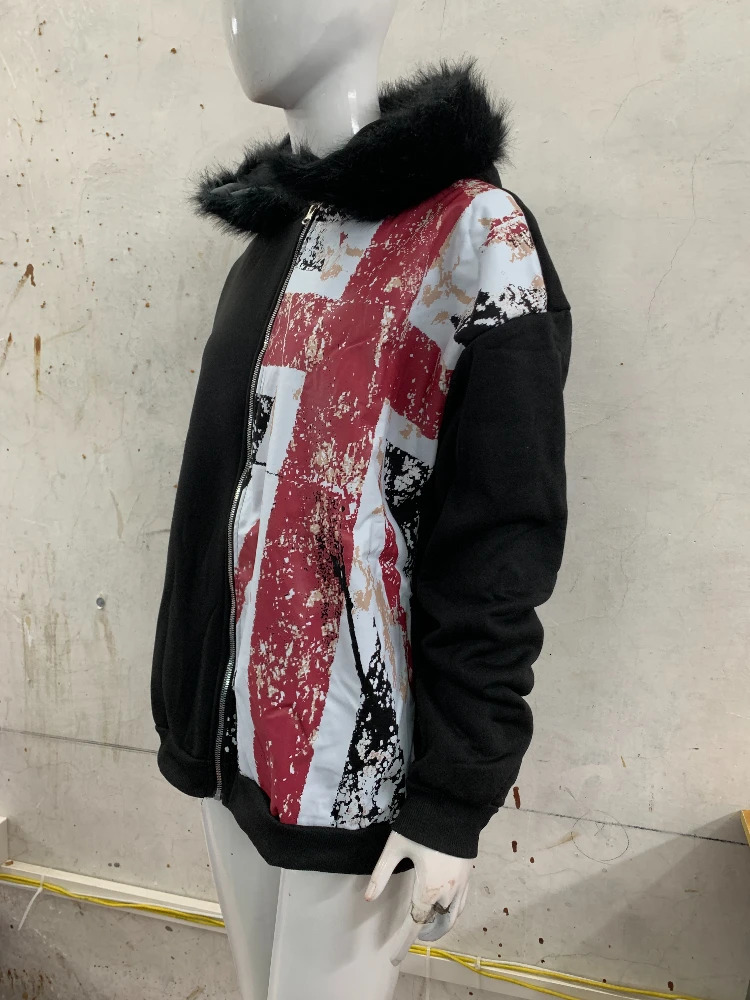Leather Collar National Flag Printed Zipper Sweatshirt Long Sleeve Pullover Hoodie Retro Jacket Street Y2K Haircoat 260303