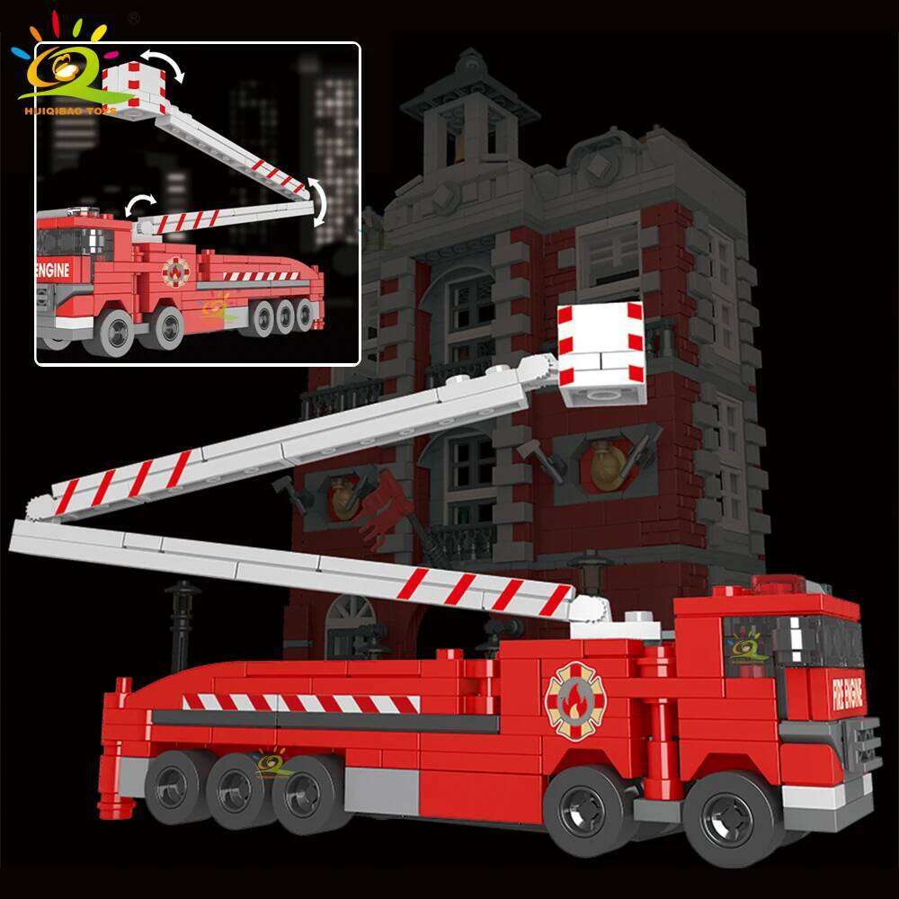 HUIQIBAO 1823pcs MOC Station WIth Fire Truck Model Building Blocks Street View Brick City Educational Toy For Children Gift Z260306