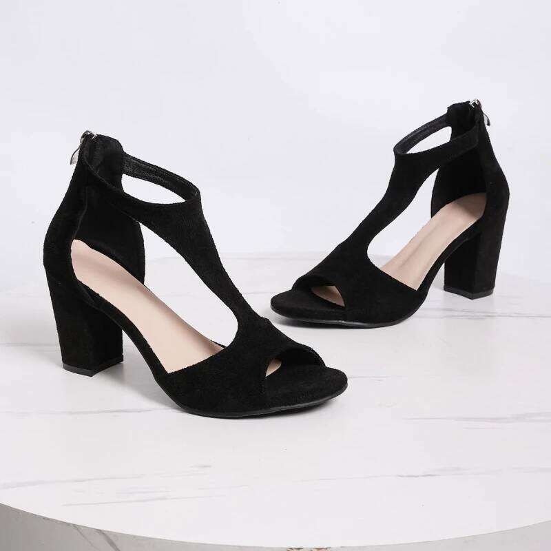 2025 Summer New Women's Fashionable and Comfortable High with Bare Toes Anti Slip Solid Color Coarse Heel Sandals