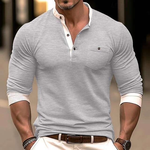 Amazon European and American Long Sleeve Crew Base Shirt Foreign Trade Men's T-Shirt Henley Neck Top