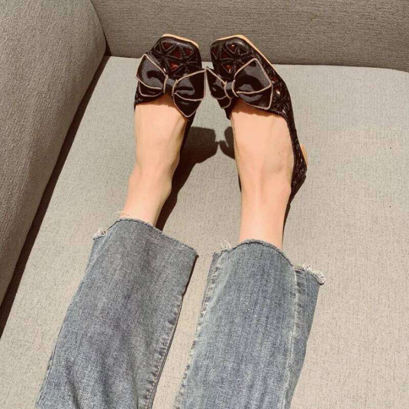 Women's Flat Sandals French Bowknot Hollow Out Breathable Low-Cut Square Toe Comfortable for Mom Summer Israel Hot Selling