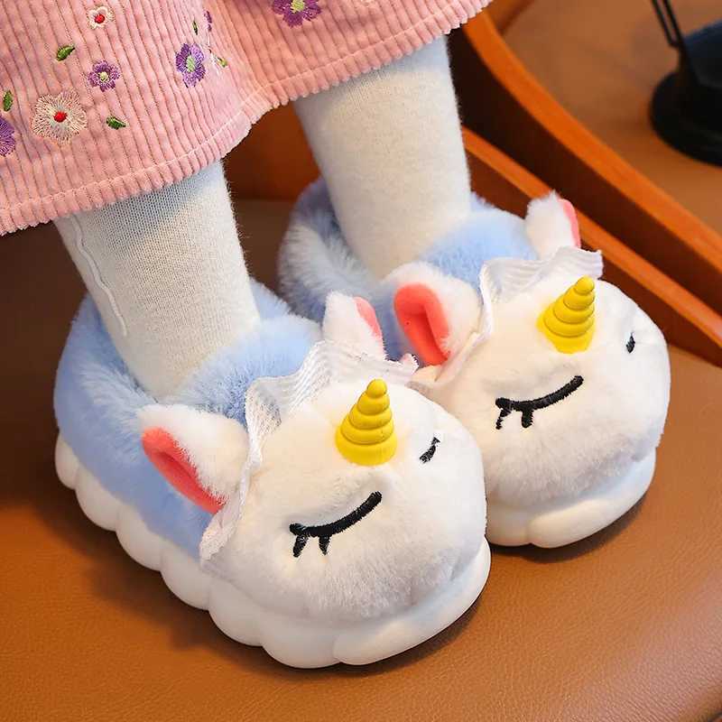 Winter Kids Warm Plush Slippers - Cartoon Unicorn Indoor Slides Non-Slip Soft Cotton Mule for Girls Boys House Shoes S260305