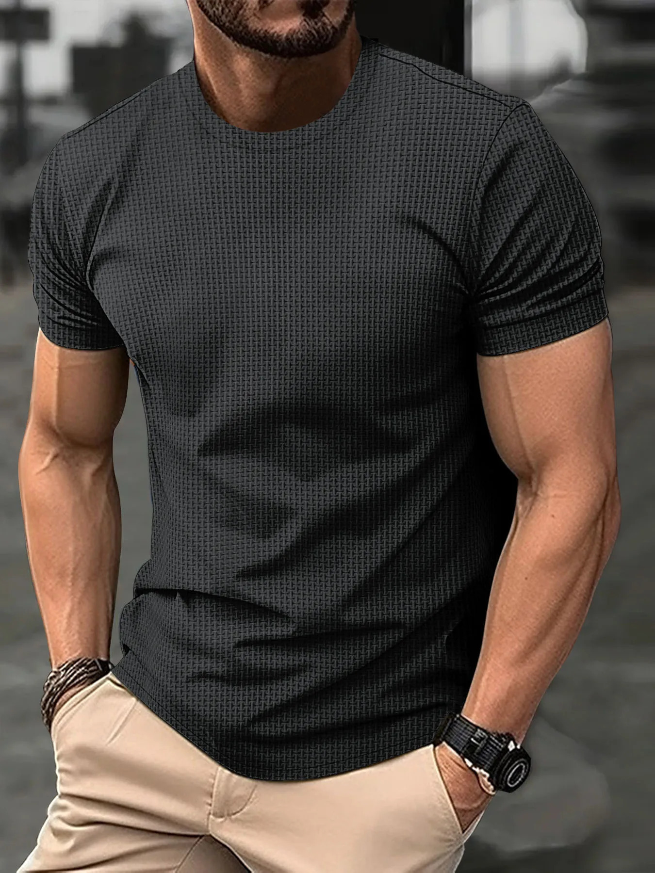 summer mens high-end mesh ice silk round neck short sleeve acrylic anti-wrinkle breathable high street POLO shirt 260304