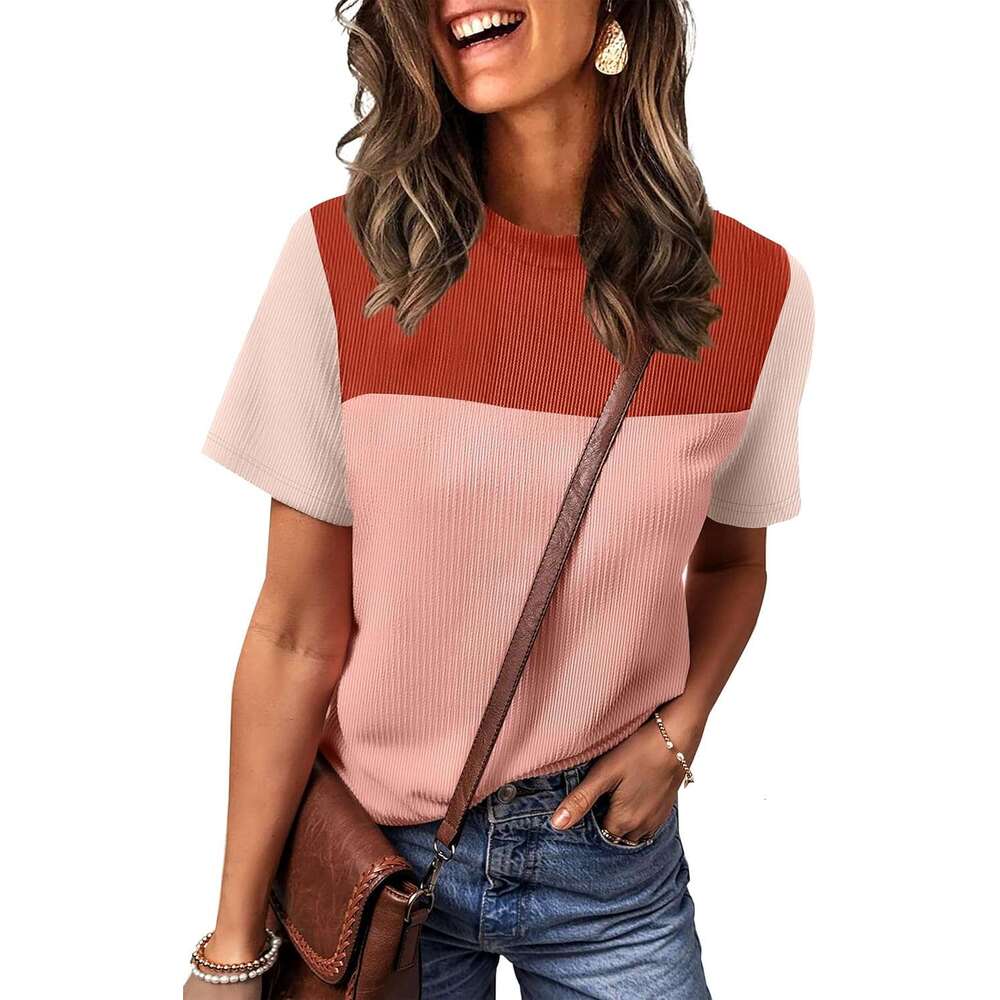 Womens Fashion 2026 Color Block Shirts Short Sleeve Crewneck Knitted Spring Designer Summer Tops Casual Trendy