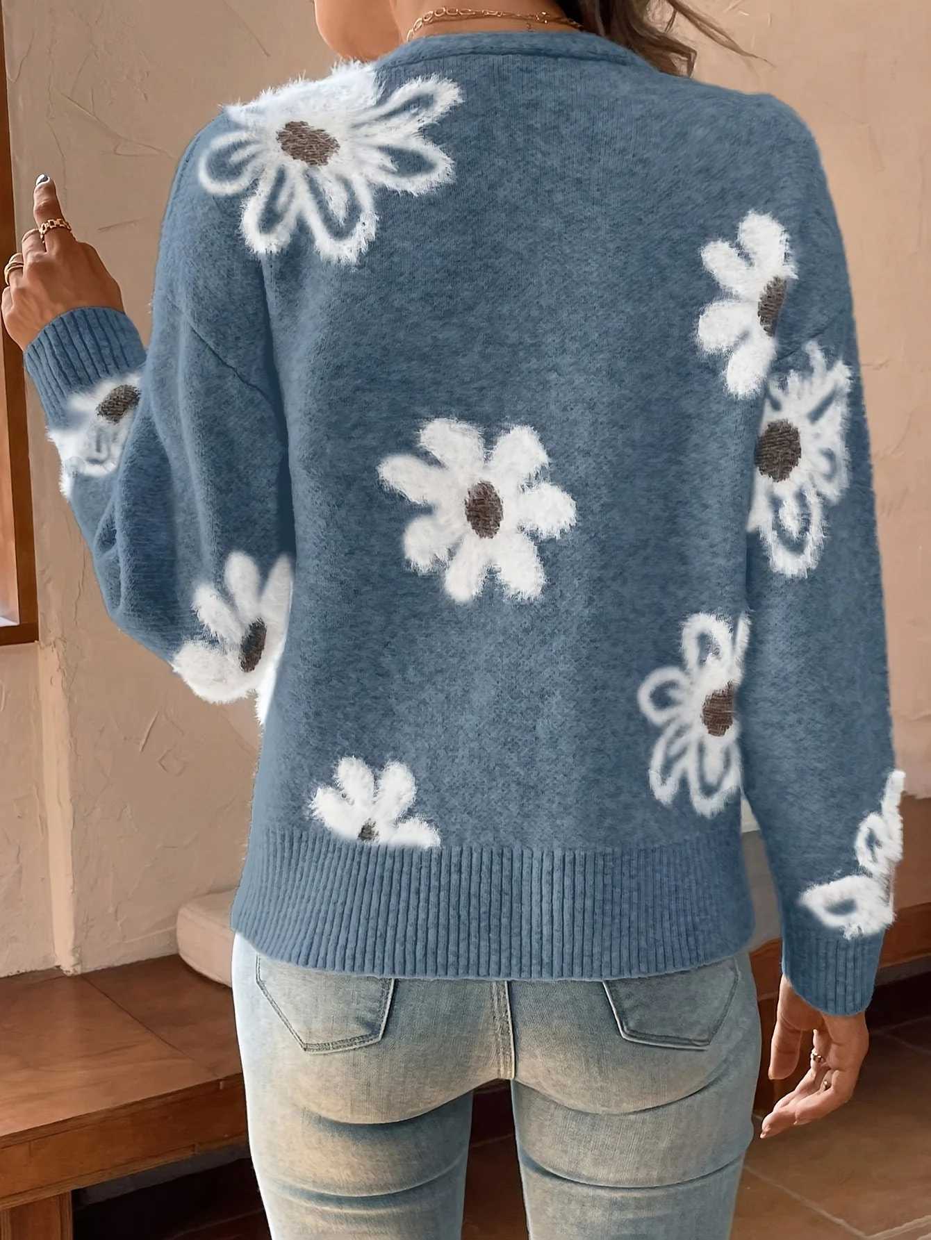 New flower pattern spring autumn loose knitted cardigan sweet casual V-neck button knitted sweater coat M260306