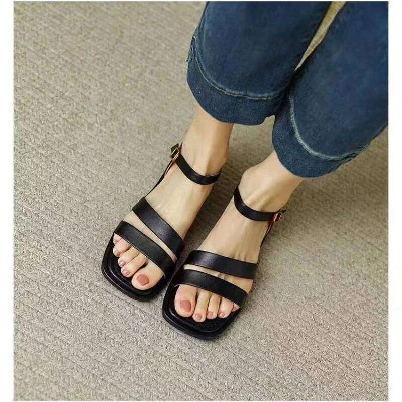 New Fashion Summer Women's Square Open Toe Platform Sandals Flat Buckle Light and Comfortable