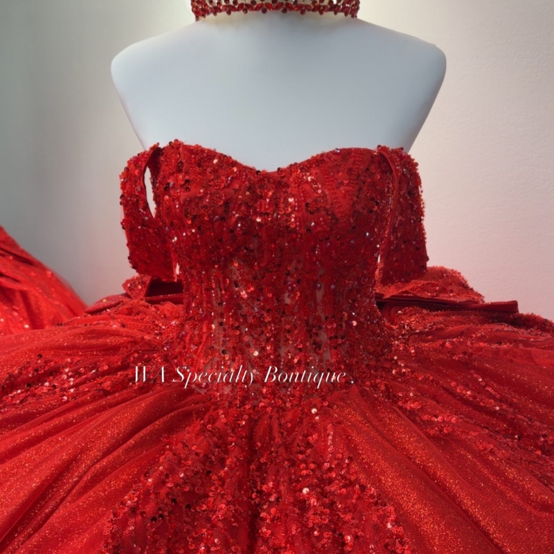 Red Shiny Quinceanera Dresses Ball Gown Off The Shoulder Sequin Beading Crystal Bow Corset Party Birthday Sweet 16 Dress Vestidos 15 De Anos