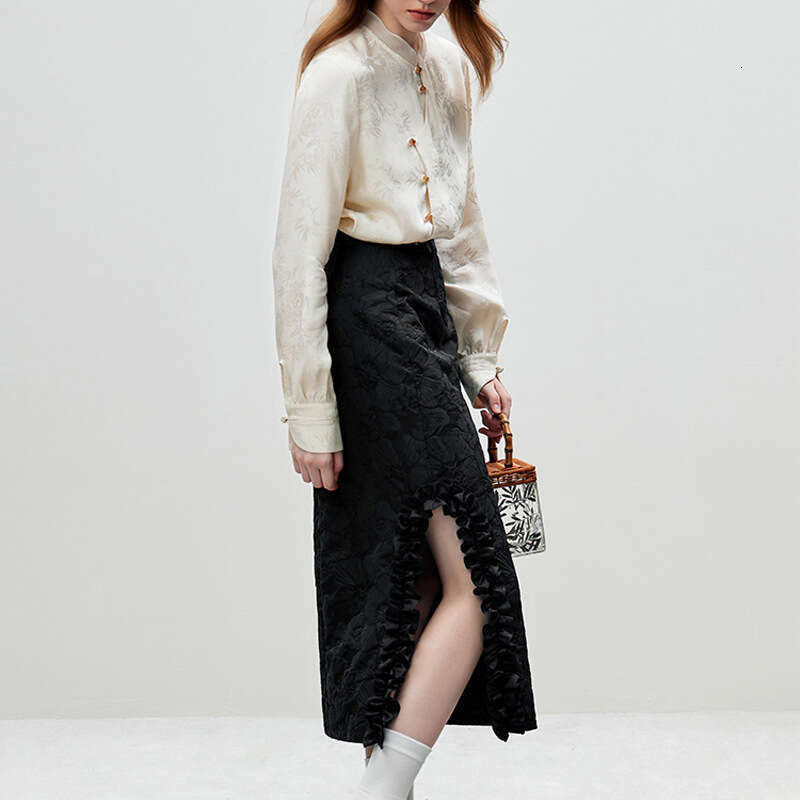 Mardi Hefxessdr Elegant Jacquard Stand Collar Long Sleeve Shirt Improved Button Design High-end Feel For Spring style shirt women's clothing
