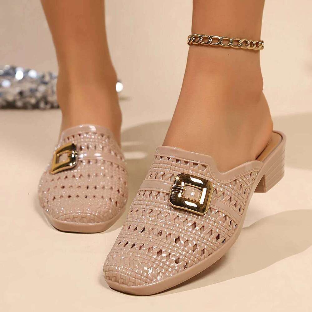 2026 New Women's Fashion Hollow Slippers Summer Mid Heel Soft Beach Buckle Sliding Shoes Outside