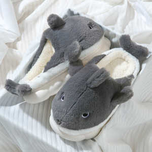 Cute Whale Cotton Slippers Female Winter Couple Indoor Home Mens Winter Cartoon Wool Slippers S260305
