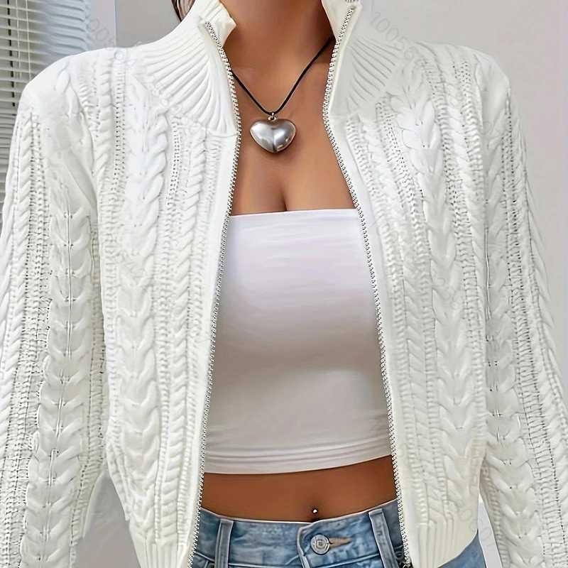 Stand Collar Twist Knitted Cardigan Women Korean Zip Up Long Sleeve Cropped Cardigans Woman Solid Color Slim Fit Sweater Coat M260306