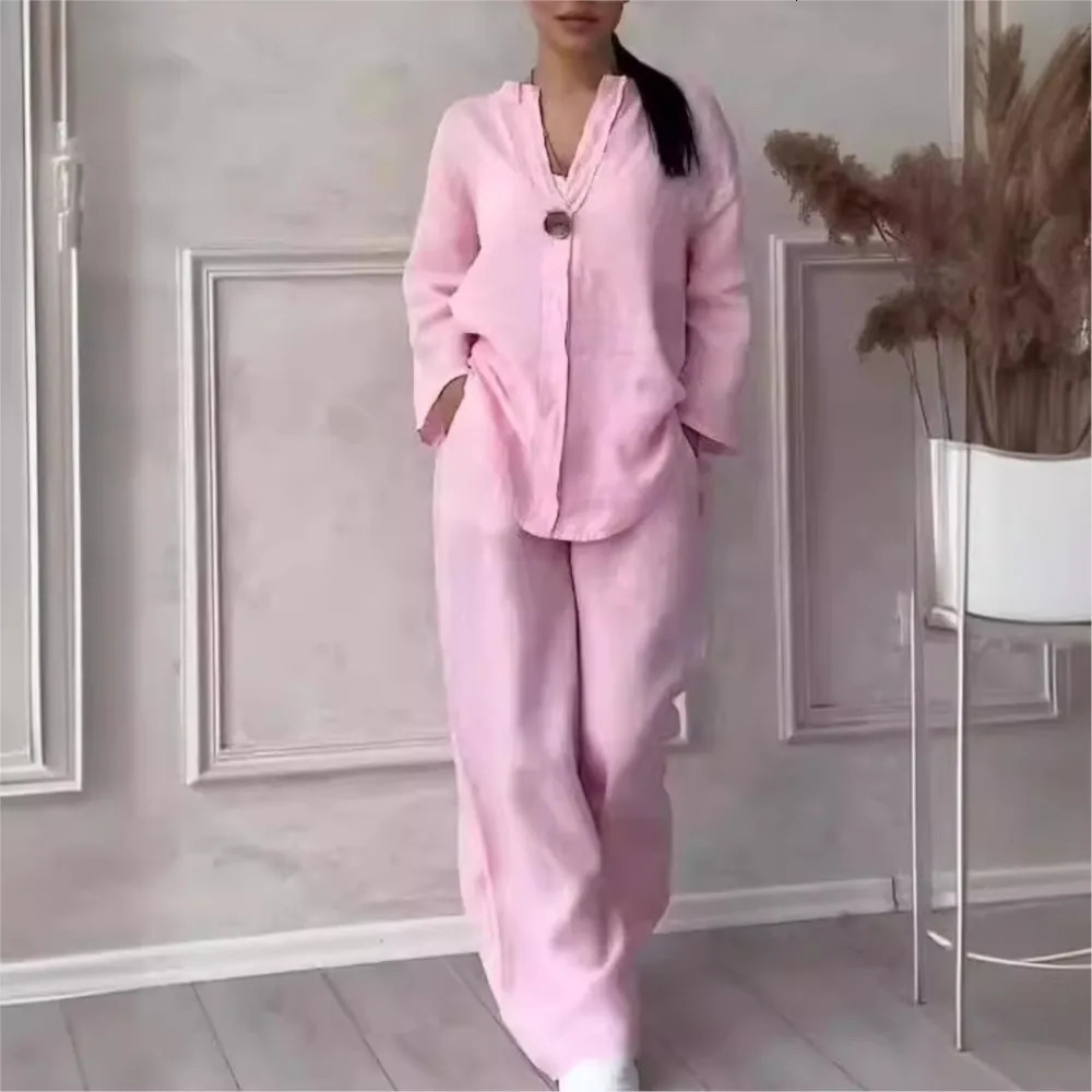 Fashion O Neck Long Sleeve Cotton Linen Shirt Suit Women Spring Autumn Casual Solid Color Pocket Pants Female Office 2 Piece Set 260305