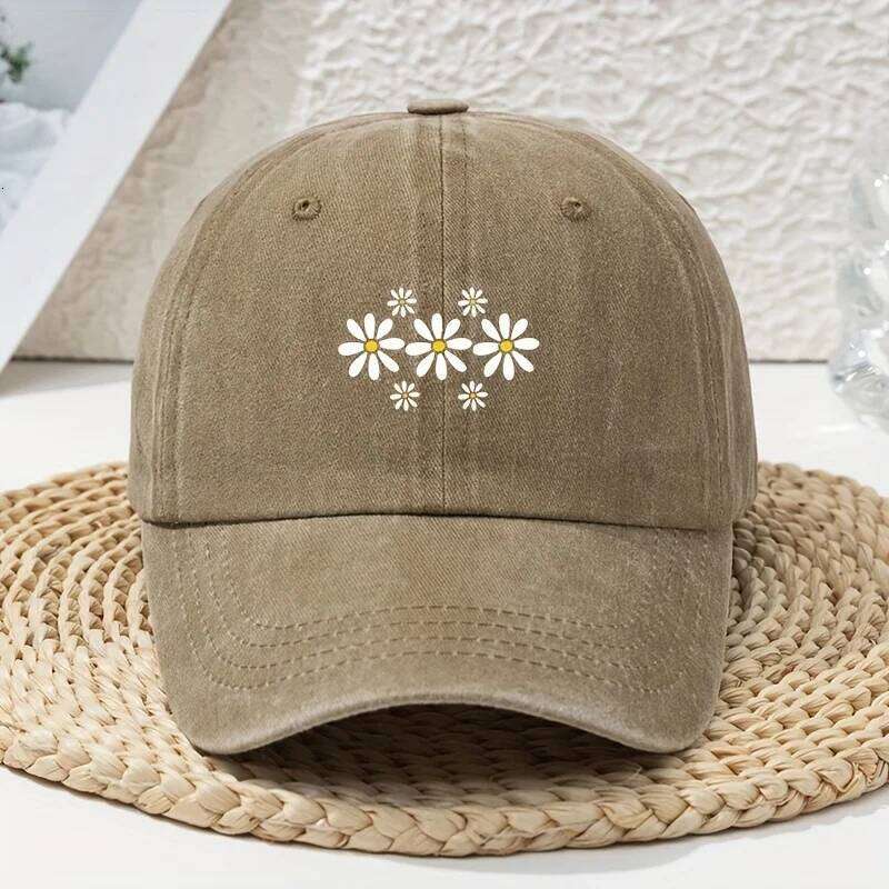 Fashion Versatile Little Daisy Cartoon Print Washed Vintage Soft Top Sunshade Unisex Baseball Cap Y260304