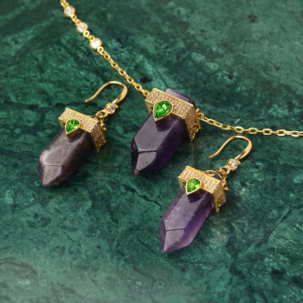 Vintage Purple Natural Stone Pendant Necklace Sweater Chain Choker Geometric Earrings Hooks Light Luxury High-End Ear Accessories High-Quality