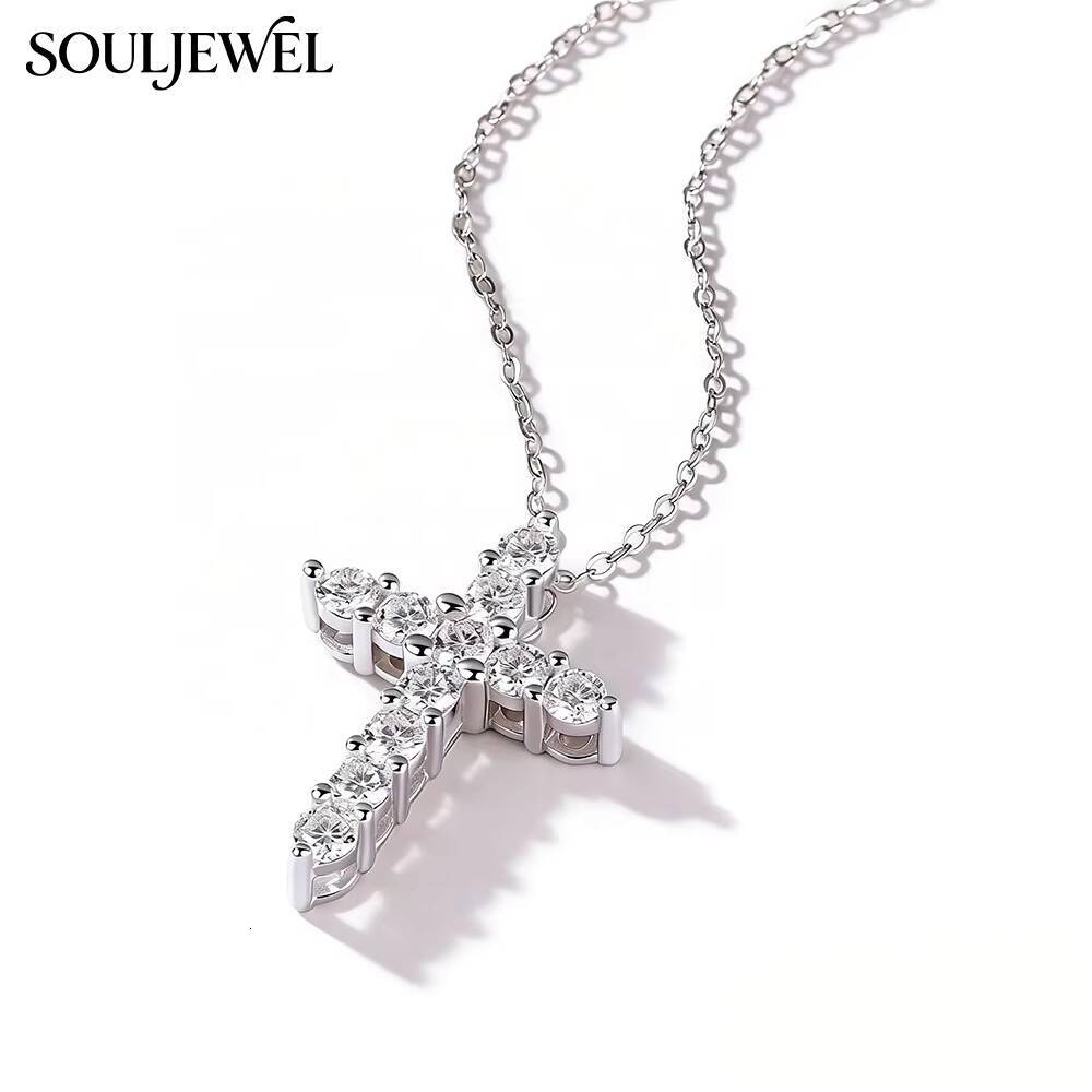 925 Silver Rhodium Plated Moissanite Cross Pendant Necklace Hip Hop Style Rope Chain Religious Jewelry Daily Wear Gift