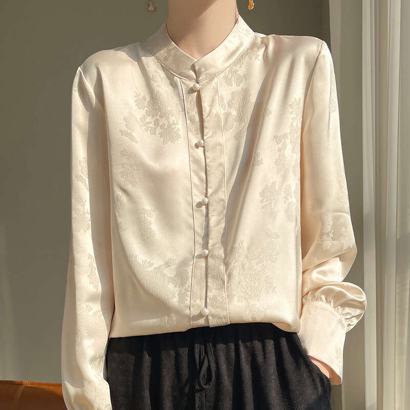 Mardi Hefxessdr Women's Long Sleeve Loose Fit Stand Collar Elegant All-Match Satin Fabric Imitation Chinese style shirt women's clothing