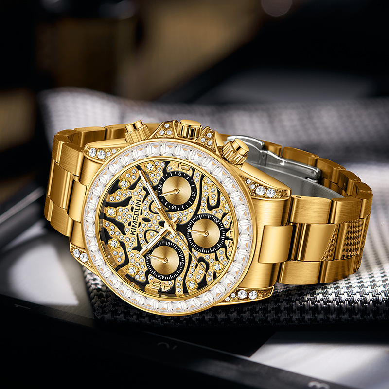 Designer Luxury Gold Tone Men Watch Moissanite Dial Fashion Dress Style Waterproof Luminous Quartz Wristwatch Best Gift for Men Relogio
