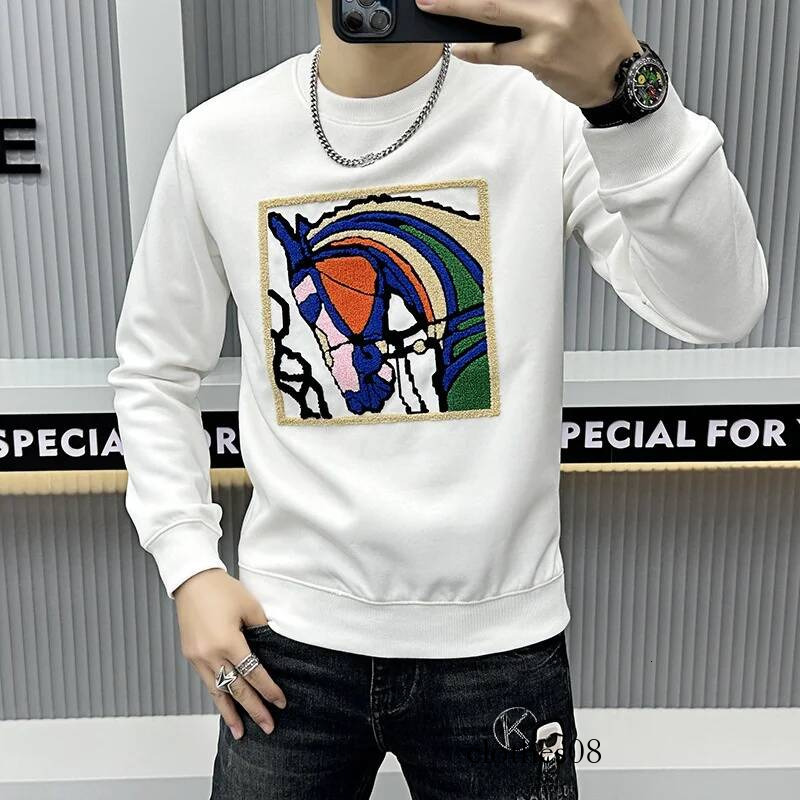 High-End Long Sve Hoodie Men's Embroidered Head Pattern round Ne Base irt Quali European Faion Youth Cotton ...