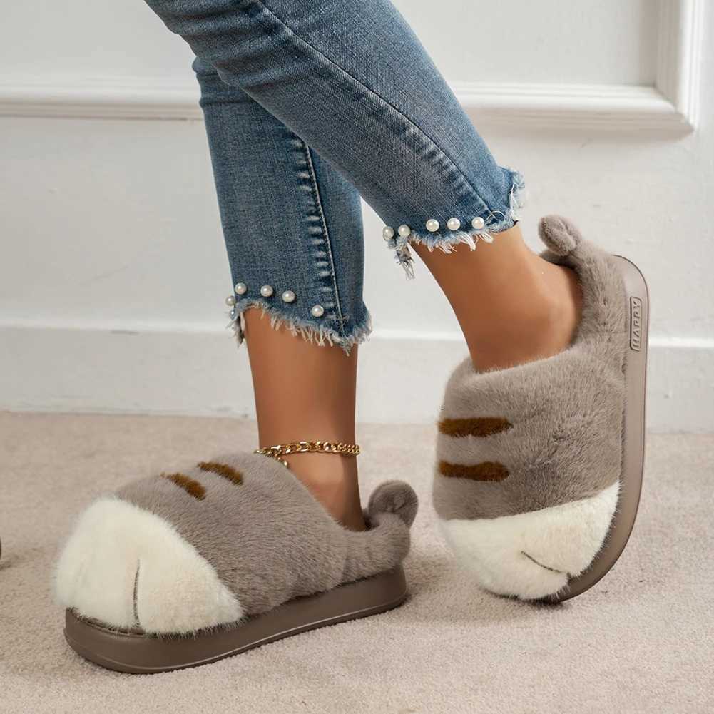 3D Cat Paw Plush Slippers Flat Thermal Slippers Comfortable Fluffy Home Slippers Anti Slip Cute Paw Slippers for Indoor Bedroom S260305