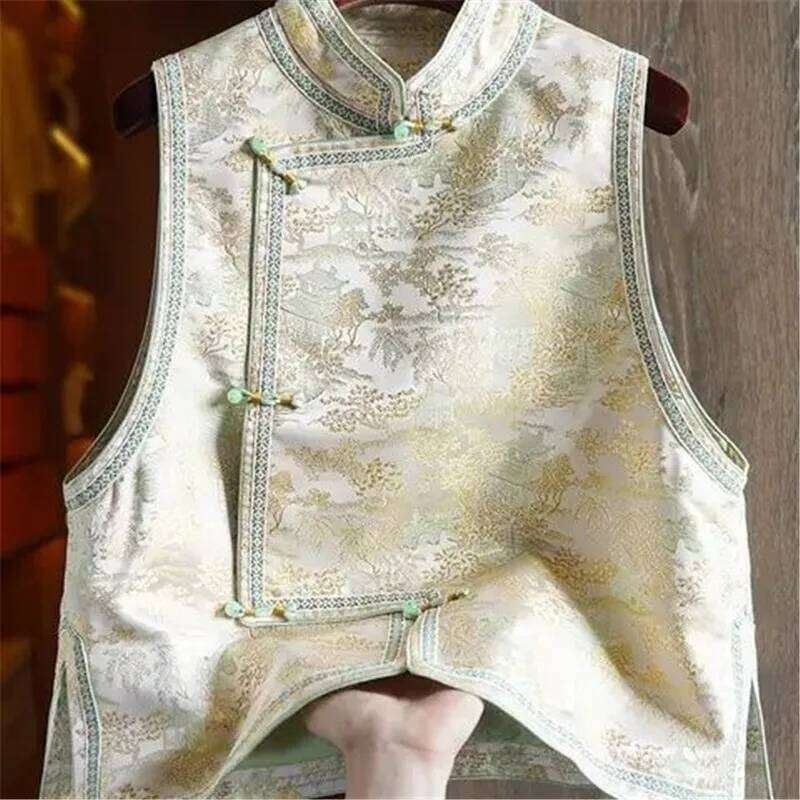 Summer Chinese Style Silk Vest Buckle Button Vintage Jacquard Loose Cardigan Sleeveless Waistcoat Women Tank Tops All Match Asia Size