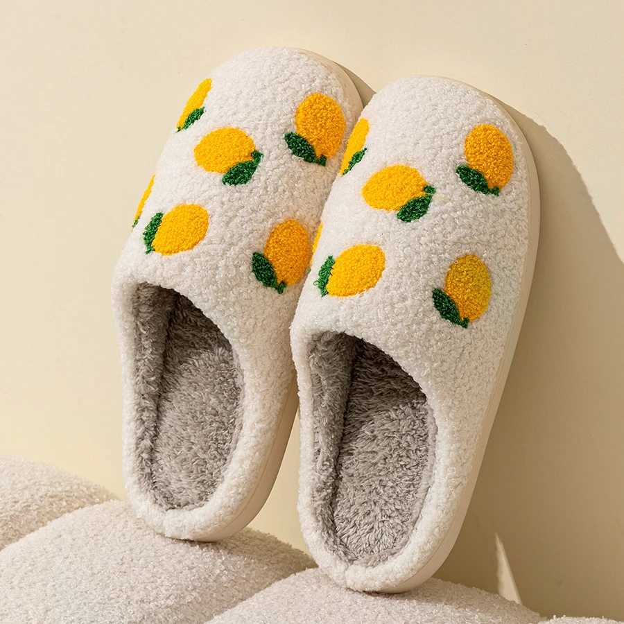Lemon Embroidered Pattern Leisure Cute Home Womens Slippers Simple Winter Indoor Soft Sole Warm Bedroom Plush Shoes Comfy Fruit S260305