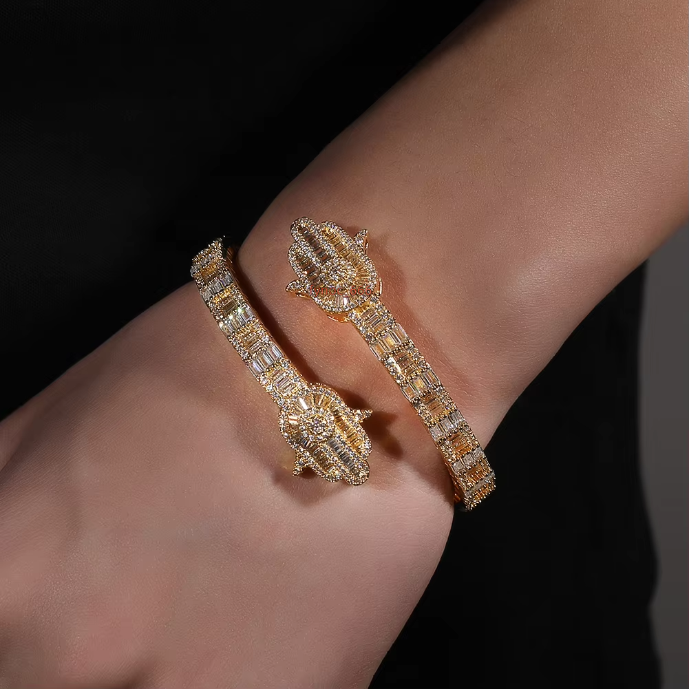 New Iced Out Bling Micro Pave 5A CZ Zircon Baguette Diamond Hamsa Hand Openning Bangle for Men Women Hip Hop Luxury Jewelry