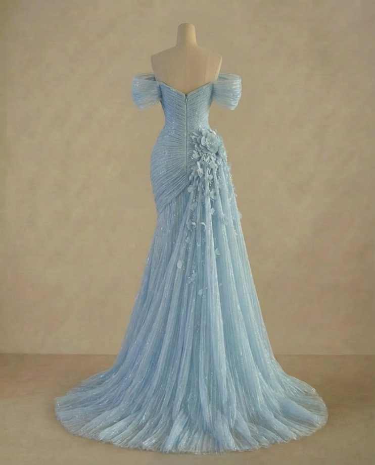 Elegant Mermaid Evening Dresses Off-Shoulder Sleeveless Crystals Pleated 3D Flower Prom Party Dresses With Train Customized