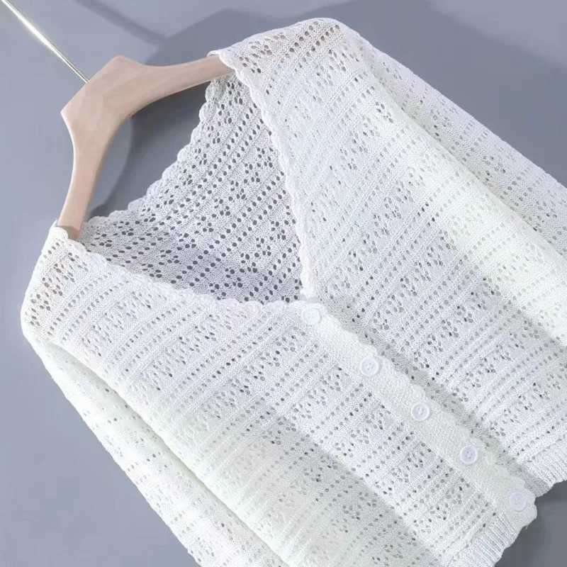 Spring Autumn Korean Style Loose V-neck Hollow Versatile Knitted Air-conditioning Shirt Thin Long-sleeved Ice Silk Cardigan Top M260306