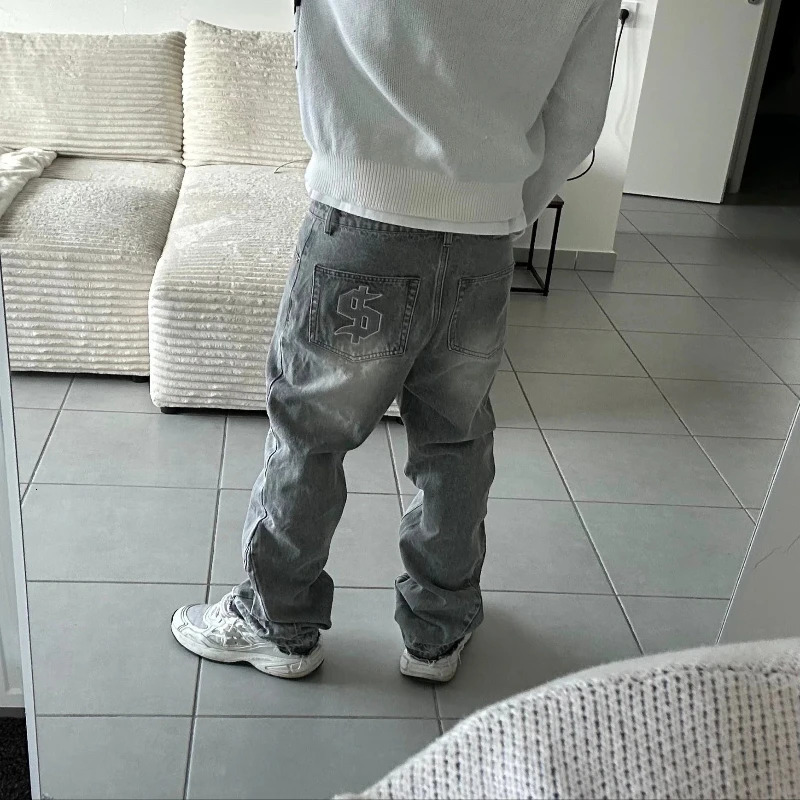 Hip Hop Dollar Embroidery Streetwear Unisex Baggy Set 2 pcs Set Y2K Autumn Winter Retro Knitted Sweater Jeans Suit Trendy 260227