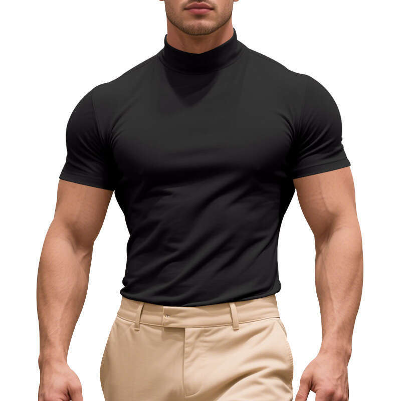 25 Cross-border European American men's summer stretch slim-fit British gentleman casual base shirt with a small high collar and short sleeves