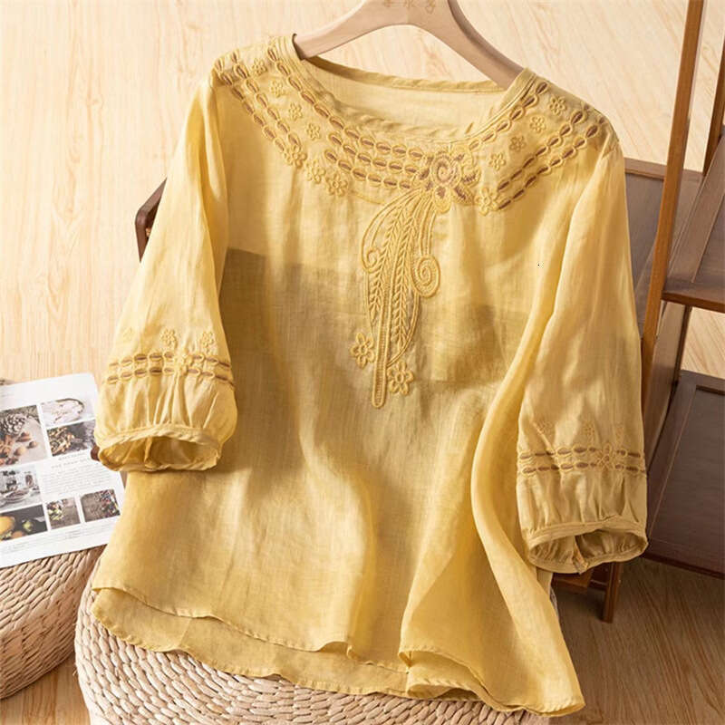 Women Summer Tops Tees Vintage Blouse Short Sleeve Shirt Ruffles Loose Casual Tees Literary Floral Embroidery Cotton And Linen Blous