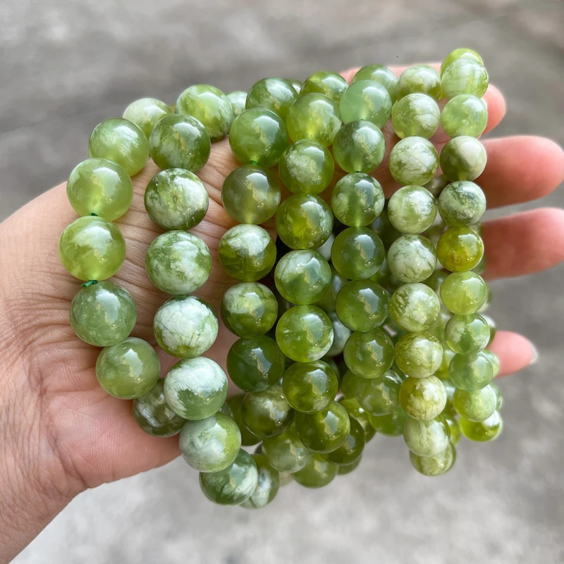 JD 7A Quality Natural Stone Green and White Serpentine Jade Charm Bracelets Women Fashion Chic Round Bead Elastic Bracelets 260302