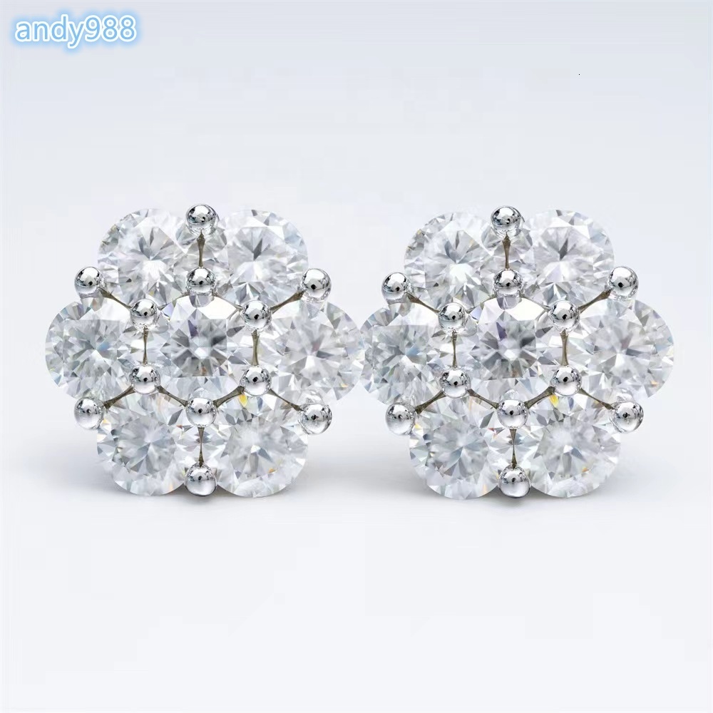 Cluster Flower Design Unisex 8mm-15mm Moissanite Earrings Men Hiphop 925 Sterling Silver Moissanite Stud Earrings Women
