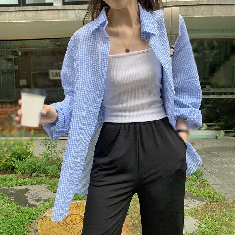 Korean Womens Shirt Sunscreen Long Sleeves Shirt Summer Womens Loose Casual Single Breasted Turndown Collar Plaid 260306