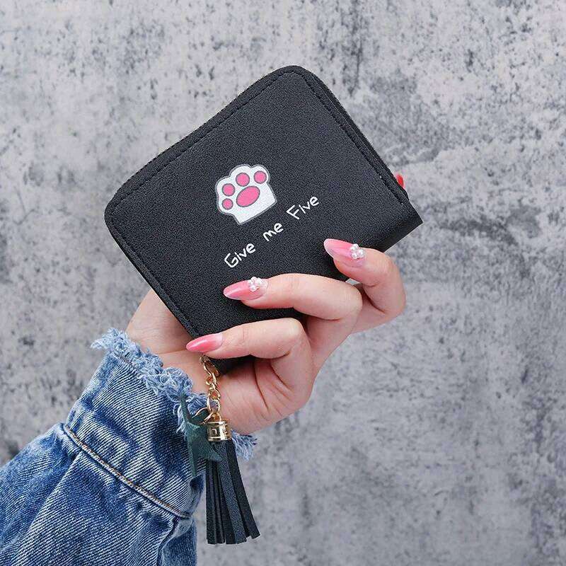 New Women's Fashion Short Casual Student Coin Purse Cute Cartoon Cat Paw Print Tassel Zipper Card Case Designer Wallet C260304