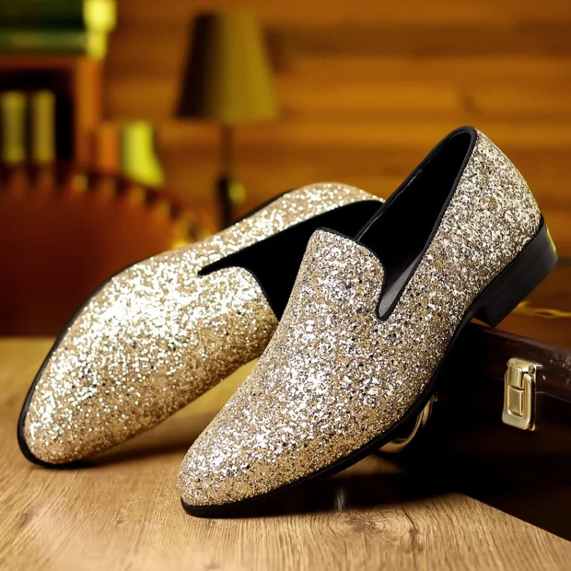 Loafers Men Shoes Gold Silver Sequin Wedding Shoes Fashion Slip on Flats High Quality Men Formal Party Shoes 260305