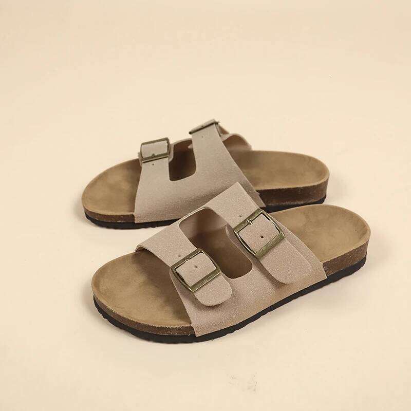 Women's Flat Outdoor Beach Casual Man Sliders Thick Leather Cork Sole Sandals and Slippers